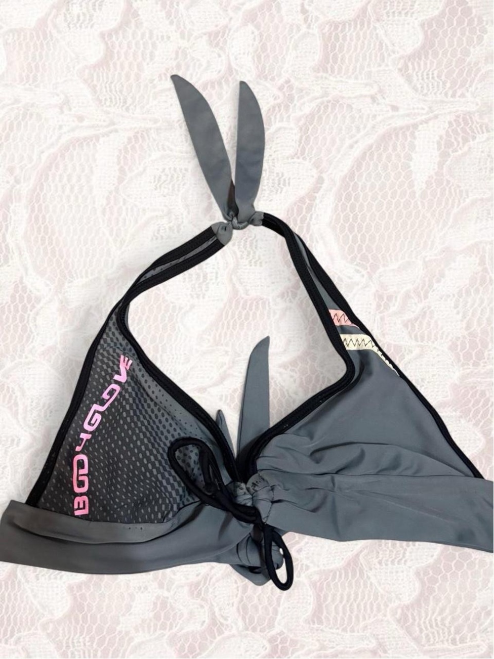 Body Glove Gray Halter Bikini Top with Pink Logo Accent
